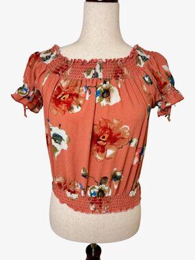 Hello Miss Pink Floral Smocked Puff Sleeve Peasant Tie Sleeves Crop Top Small